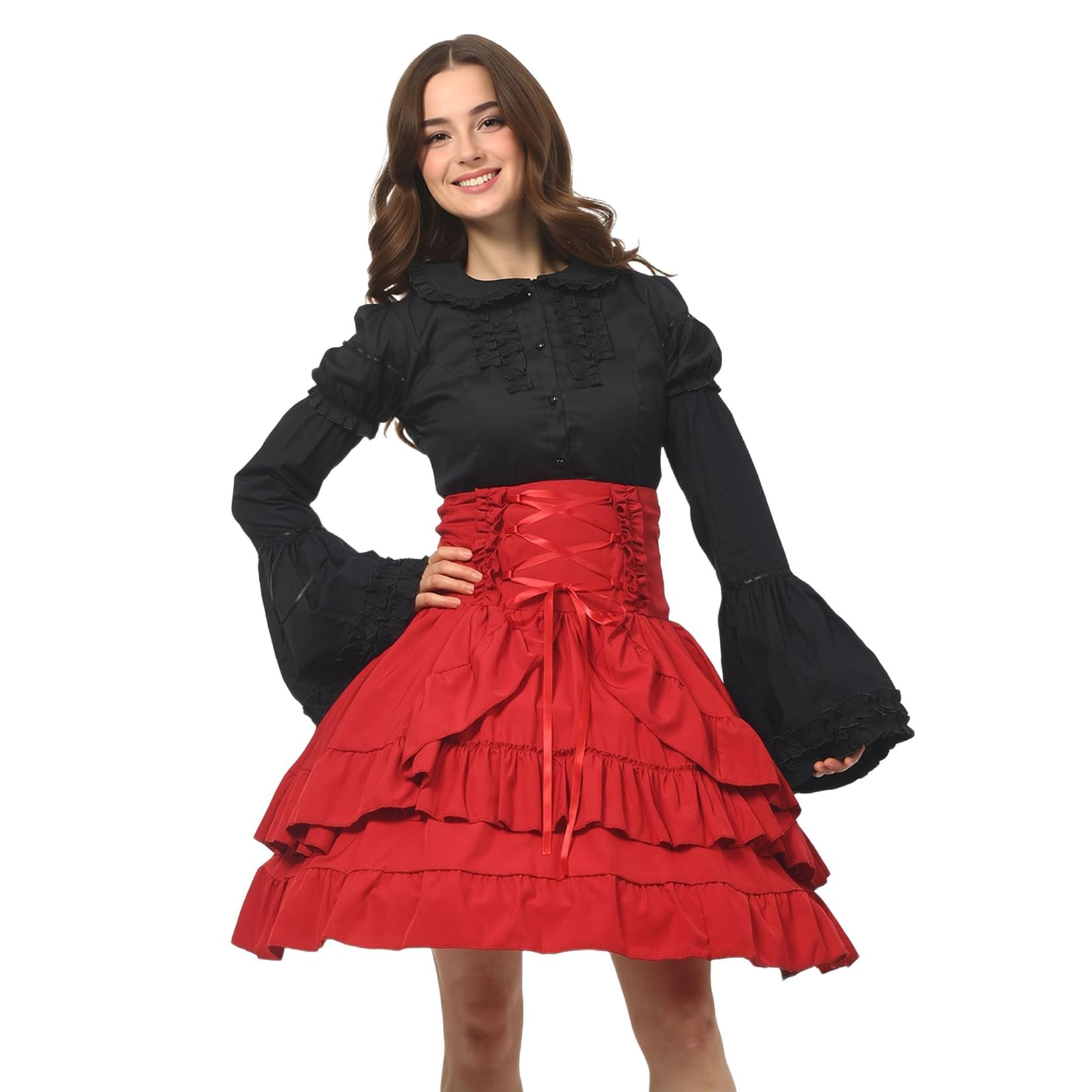 Women's Steampunk Victorian Skirt Renaissance Layered High Waist Vintage Skirt Cosplay Halloween Costume, red, M