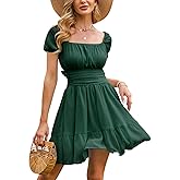 EXLURA Women's 2026 Summer Short Puff Sleeve Casual Short Mini Dresses Tie Back Square Neck A-Line Sundress