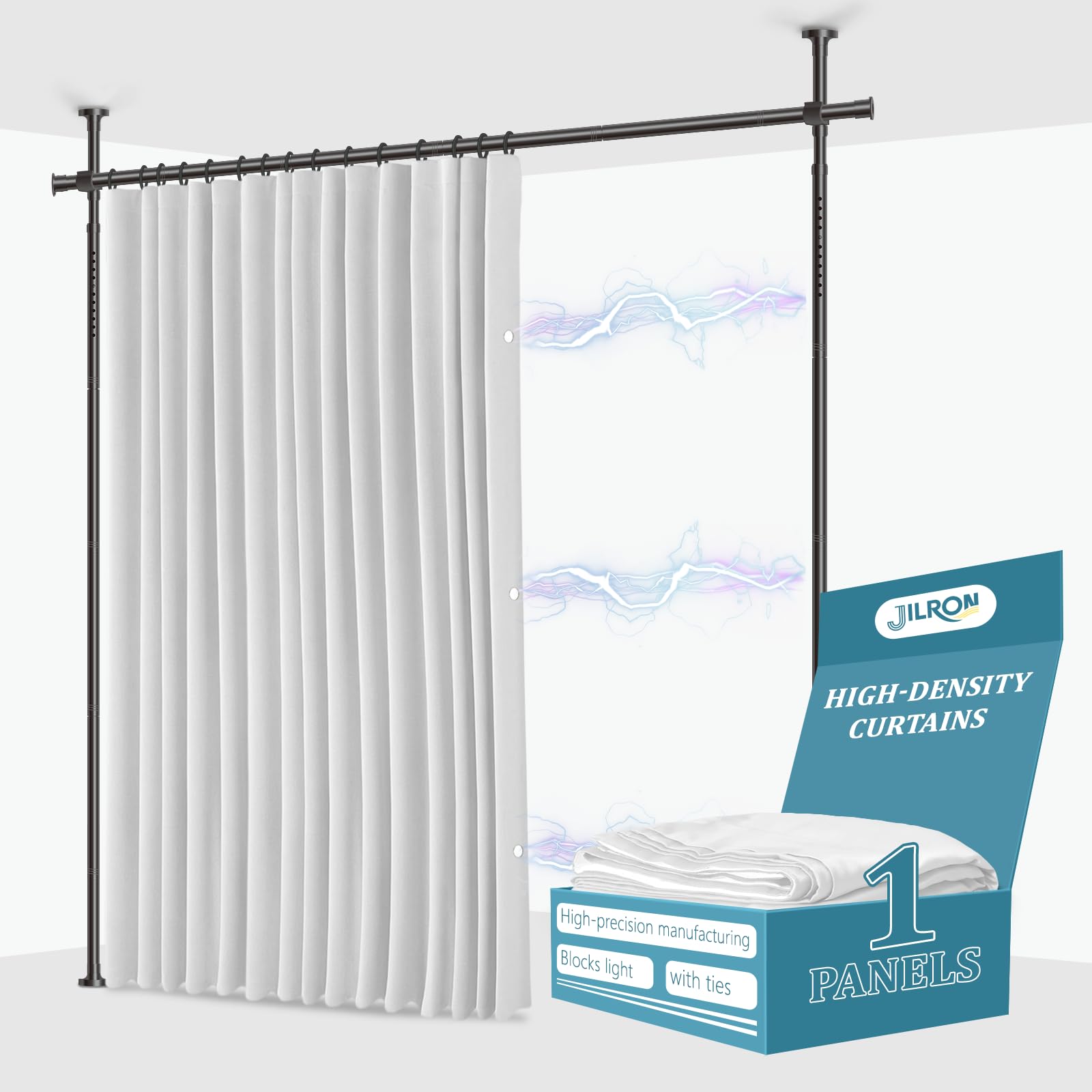 Photo 1 of JILRON No-Drill Divider for Room Separation Set: Includes 106" W x 96" L White Curtain & Adjustable Pole Brackets (35-100" W x 43-120" H Adjustable Range)