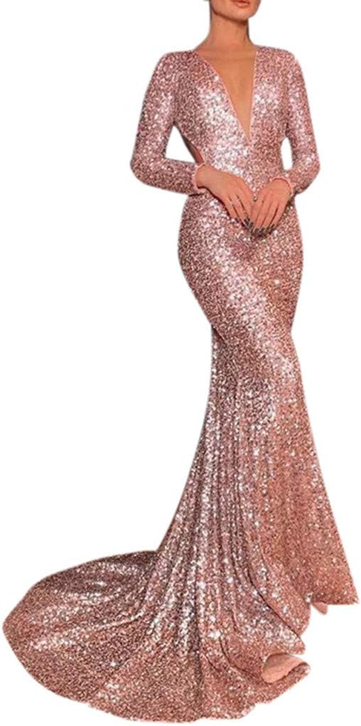 Hanomes Women's Sexy Deep V Neck Long Sleeve Evening Dress Backless Floor-Length Trumpet/Mermaid Pink Bridesmaid Dress Gifts