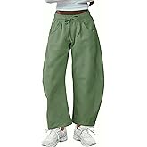 SeekMe Women's Barrel Leg Sweatpant Drawstring Elastic Waisted Wide Leg Pants Casual Cotton Palazzo Trousers with Pockets