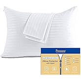 100% Cotton Pillow Protectors with Zipper Standard Size, White Pillow Cases Set of 2 for Home & Hotel, Sateen Soft Cooling Hidden Zippered Pillow Case Protector for Hair & Skin, 20x26 in