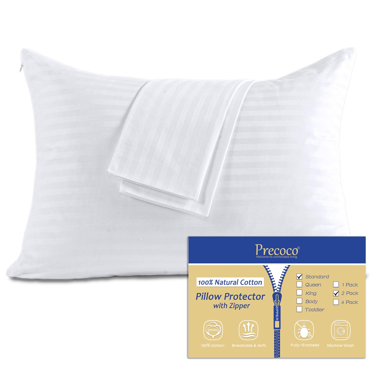 Photo 1 of 100% Cotton Pillow Protectors with Zipper Standard Size, White Pillow Cases Set of 2 for Home & Hotel, Sateen Soft Cooling Hidden Zippered Pillow Case Protector for Hair & Skin, 20x26 in