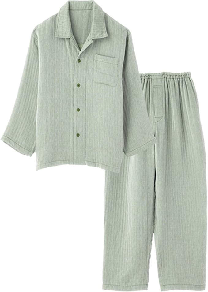 Amazon パジャマ屋 綿100 ふっくら上質ガーゼ フーゴ Fu Go 5重ガーゼパジャマ メンズ 前開き 長袖 ソフトグリーン Lサイズ パジャマ 通販