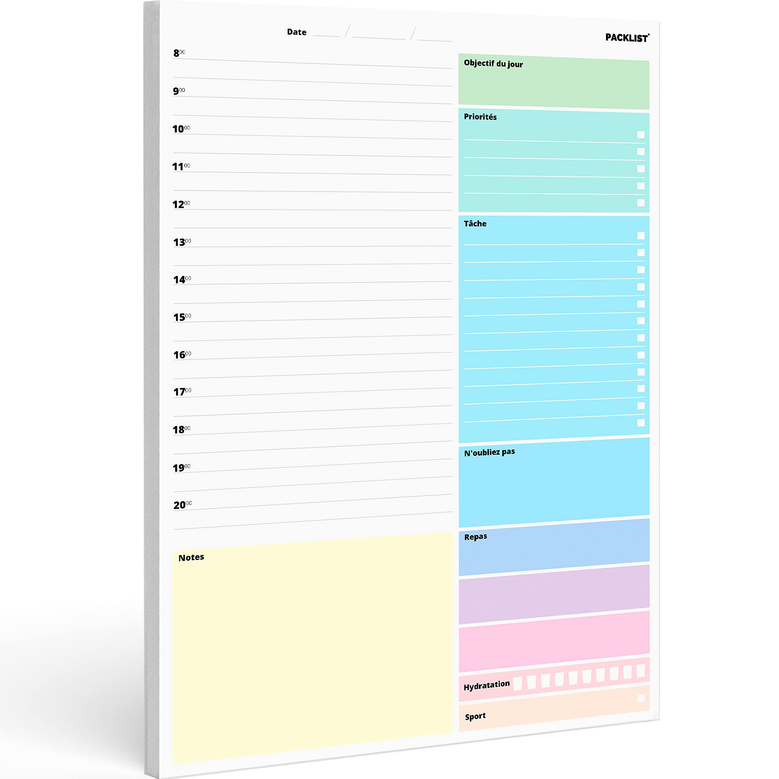PACKLIST Planning Journalier Francais - Planificateur Hebdomadaire A4, Agenda Daily Planner, Objectif du jour, Priorités, Tâche, N'oubliez pas, Aliments, Hydratation, Sport, Notes - Design Exclusif — image 1