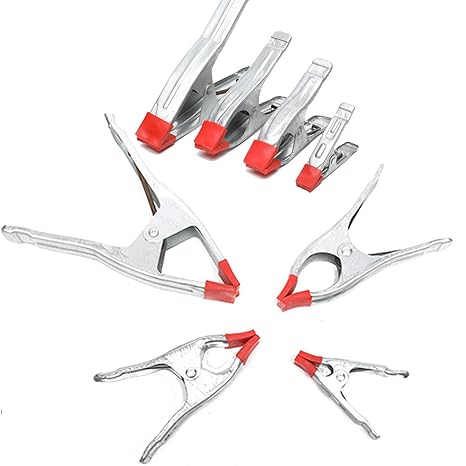 DIY Crafts Industrial 4 Piece Metal Spring Clamps, Rubberized, Strengthened Stainless Steel Made, for Woodworking, Camping Photo Studios Clamps (Pack of 4 Pcs 4/6/7/9 inch, Red Metallic Silver)