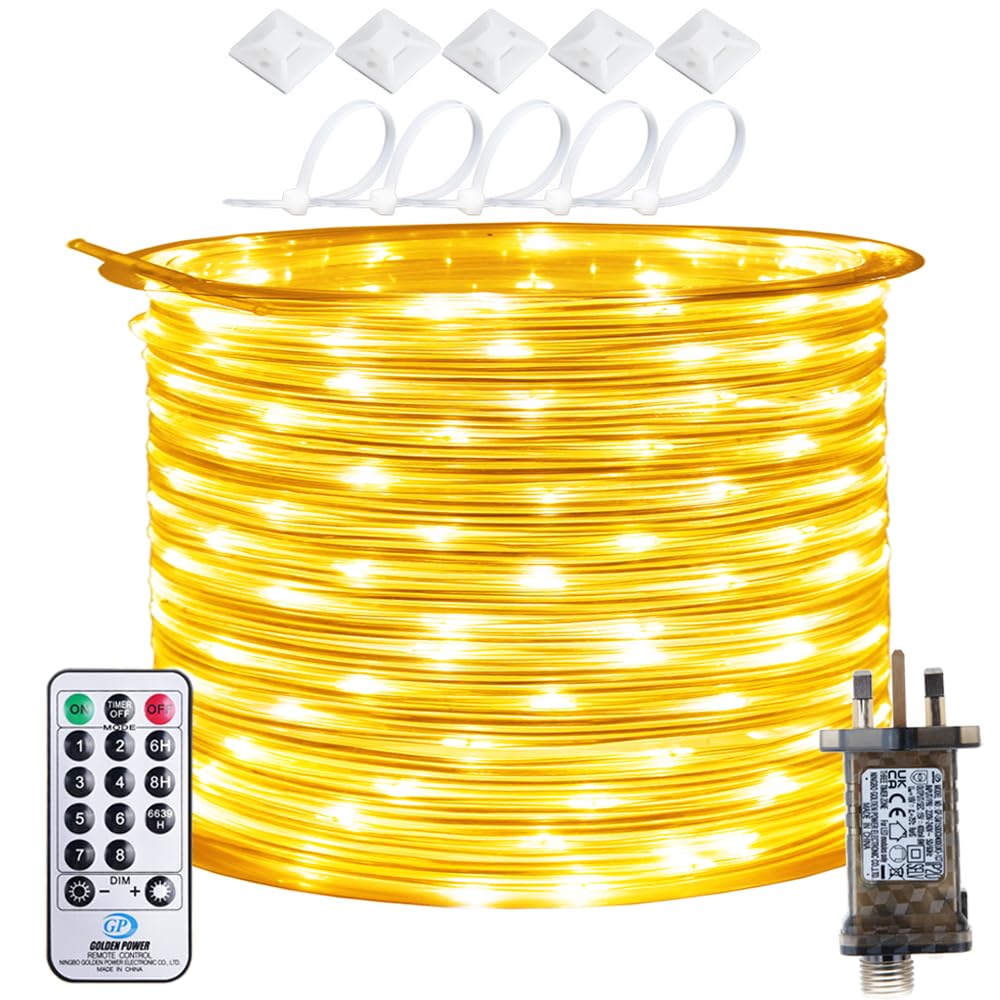 RcStarry 10M 100 LED Rope Lights, 8 Modes, Timer, Remtoe, Plug in Indoor Outdoor String Lights, Warm White, IP67 Waterproof Fairy Lights for Garden, Patio, Deck, Landscape Lighting, Bedroom and More…