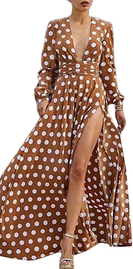 Hadudu Womens Bandage V Neck Beach Slit Bohemia Polka Dot Trendy Swing Maxi Dresses