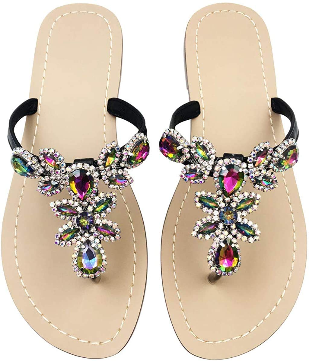 Photo 1 of Hinyyrin Women's Black Rhinestone Flip Flop Sandals, Size 9.5, Bohemian Style, Flat Sandal