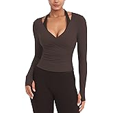 YEOREO Minniy Women Workout Wrap Top Long Sleeve with Thumb Holes V Neck Basic Shirts for Yoga Pilates Going Out Shrug Blouse