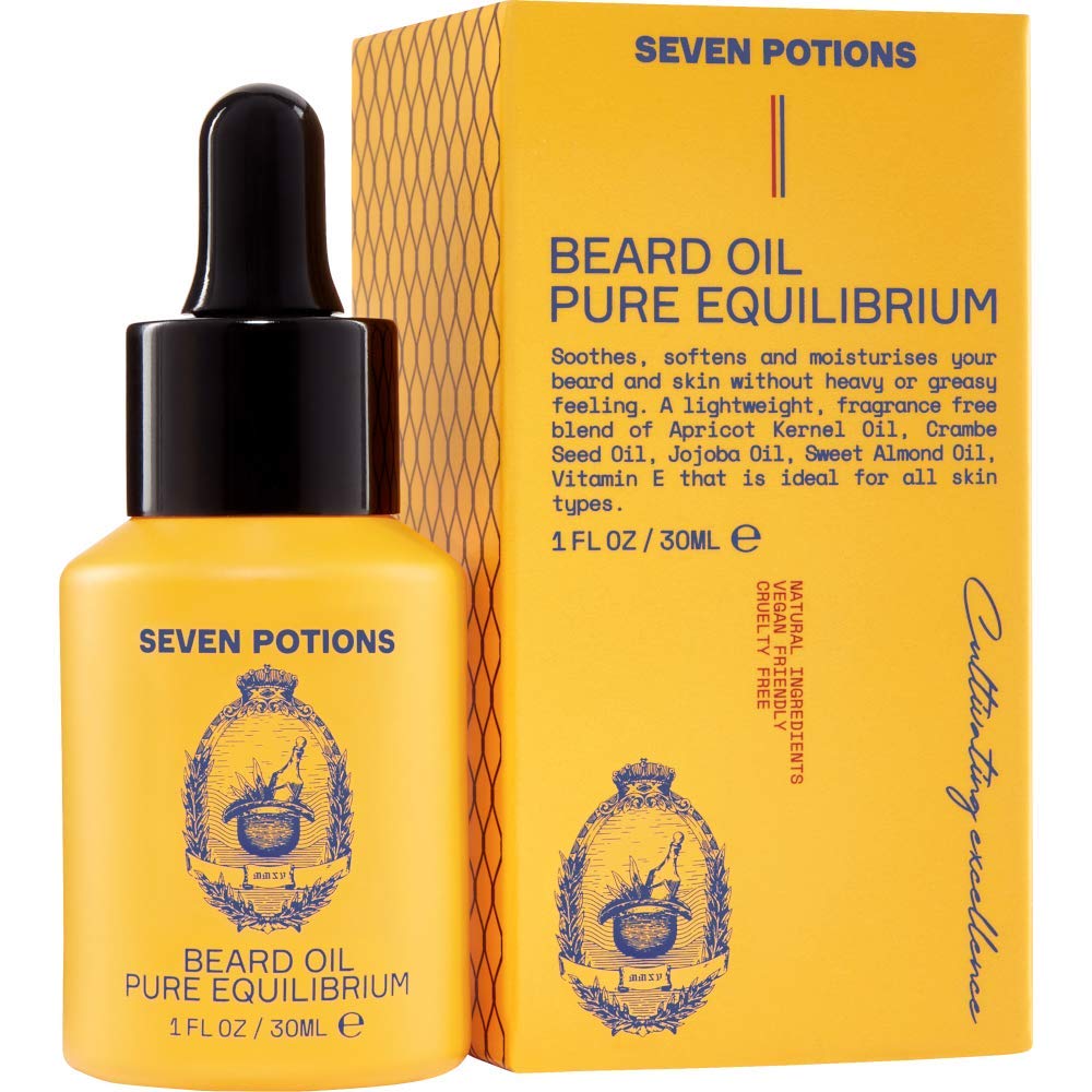 SEVEN POTIONS Natural Beard Oil for Men 1 FL OZ / 30ml — Fragrance Free & Unscented Beard Softener & Conditioner — Vegan Conditioning Oil That Helps Prevent Itch & Dandruff (Pure Equilibrium)