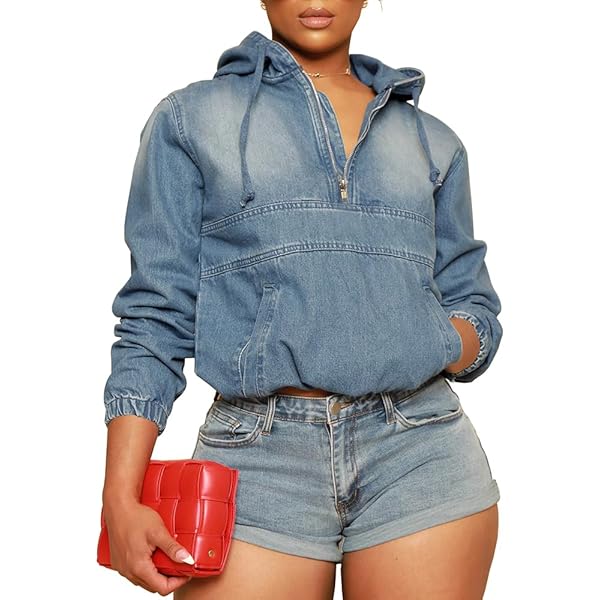 Aomice Women's Half Zip Denim Hoodie Pullover Jacket Jean
