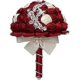 Handmade Rhinestone Wedding Bride Bridesmaid Bridal Bouquet of Rose Holding Toss Artificial Flowers Bouquets for Bride Wedding Celebration Valentine’s Day Parties Bouquet Decor（Red+Ivory）