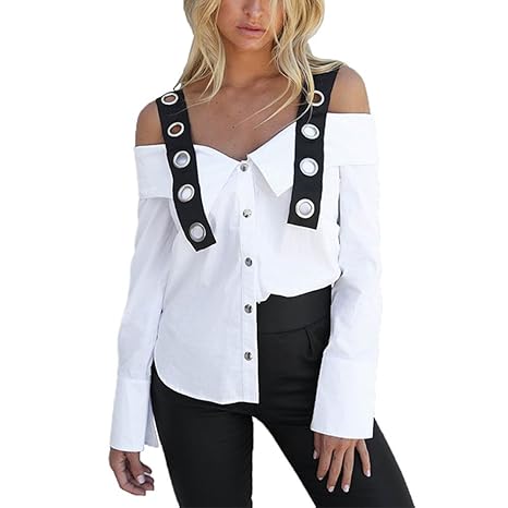 KIMODO T Shirt Blusen Top Damen Freizeithemd Lange Ärmel Weiß Cool Bluse