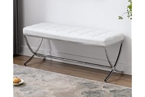 CIMOTA Modern Leather Entryway Bench Upholstered Button-Tufted Dining Bench with Metal Base Stylish PU Ottoman Bench for Entry Way/Living Room/Bedroom/Dining room,White
