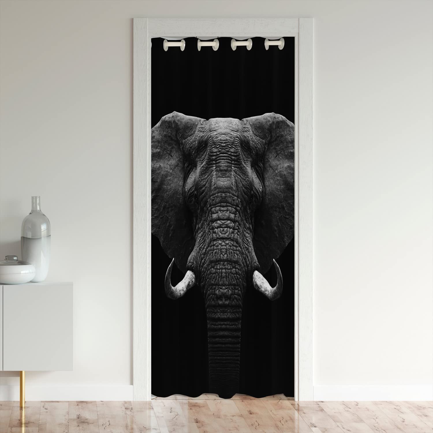 Elephant Door Curtain for Doorway Privacy 132x203cm 3D Wild Animal Pattern Window Treatments Home Decor Ethnic Elephant Black 30%-50% Room Darkening Blackout Curtains for Couch Living Room Bedroom