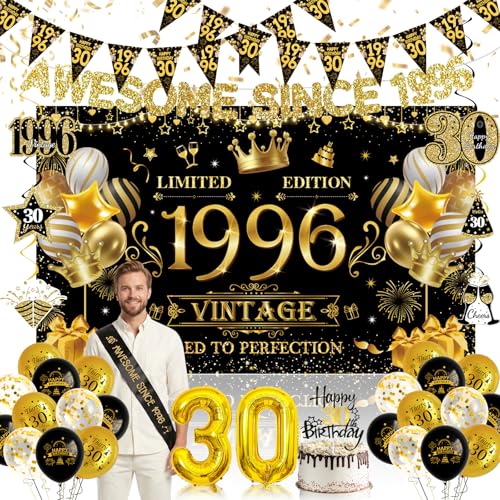 30th Birthday Decorations Kit for Him Her - Black Gold 33PCS Year 1996 Party Supplies Kit - Vintage 30 Years Old Birthday Awesome Since 1996 Backdrop Banner Balloons Sash Cake Topper Hanging Swirls at Amazon
