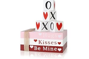 AKEROCK Valentines Day Decor, Wooden Sign Book Stack with 4 XOXO Signs, Valentines Decorations Kit for Tiered Tray, Coffee Table, Fireplace Mantel, Floating Shelf, Centerpiece - Valentines Day Decorations