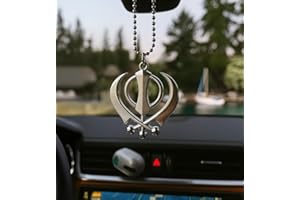 Steel Finish Golden and Silver Khanda Car Hanging Accessory with Beads Chain Punjabi Sikh Car Decor Accessory Sikh Decor for 