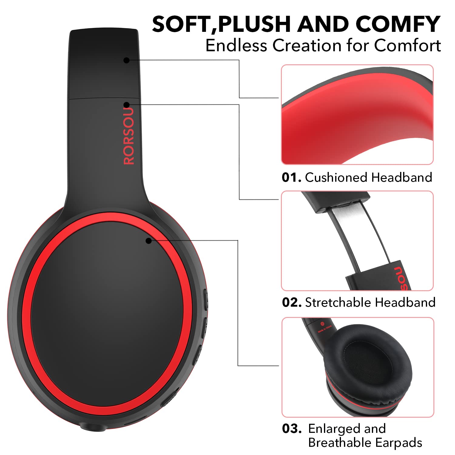 RORSOU B10 Bluetooth Headphones Over Ear, 2 EQ Music Modes(Normal/Bass) and 50H Playtime Wireless Headphones with Mic, Lightweight Folding HiFi Stereo Headset for iPad/Travel/Tablet/PC/Home (Black)