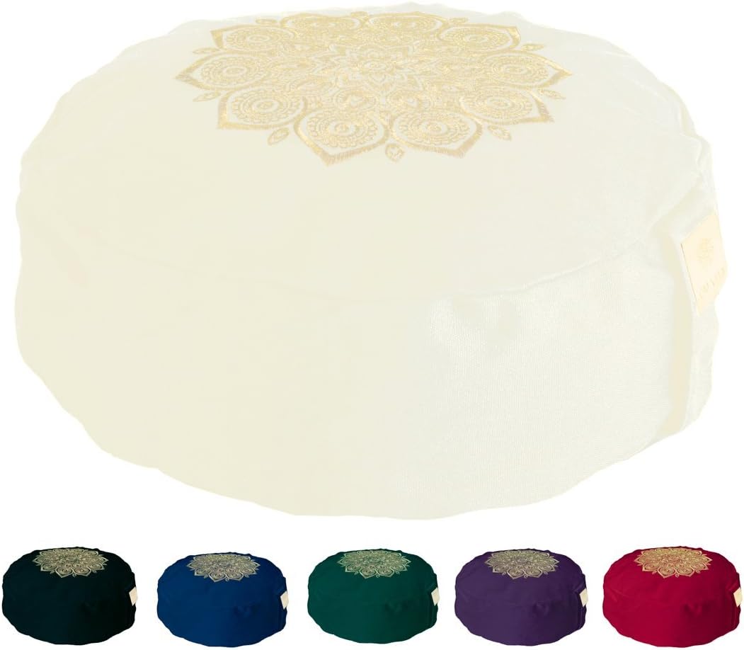 Om Vita Zafu Yoga Meditation Cushion with Washable Cover by with 100% Organic Buckwheat Fill and Hand Designed Mandala Applique