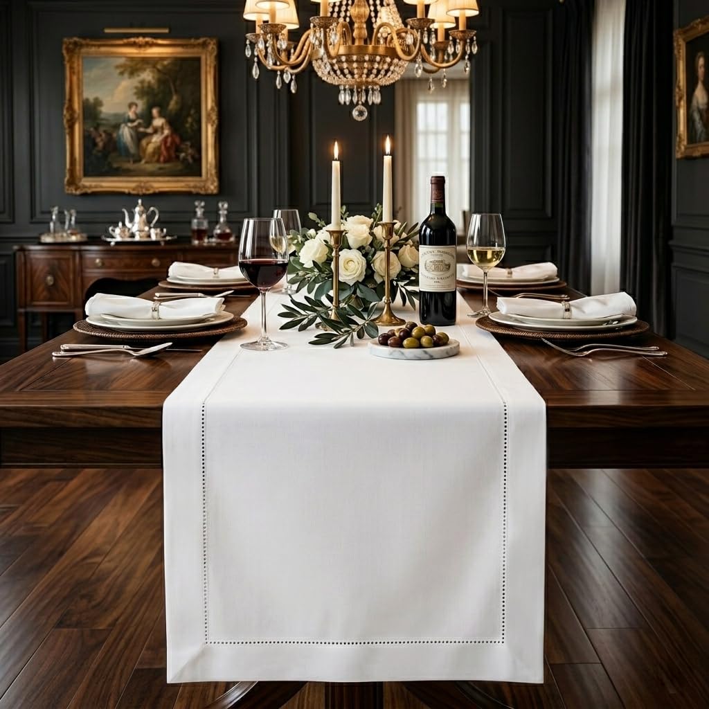 D'Moksha Homes Linen Table Runner - 14 x 144 Inch, 100% Pure Classic Hemstitch White, Machine Washable Farmhouse Style — image 1