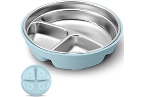 Nuogo 1 Pcs Stainless Steel Baby Suction Plates with Removable Silicone Shell 2-in-1 Metal Toddler Bowl Divided for Picky Eaters Kids Feeding Led Weaning Supplies, Dishwasher Safe (Light Blue)