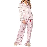 Piacakece Women 2 Piece Satin Pajama Set Cute Bow Print Long Sleeve Shirt Loose Shorts Matching Set Loungewear