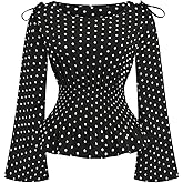 GORGLITTER Women's Plus Size Tops Polka Dots Peplum Babydoll Long Sleeve Boat Neck Smocked Going Out Outfits
