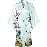 TicyLuck Women's Silk Kimono Robe Short Bathrobe Nightgown 100% Mulberry Silk for Women - Classic Floral Pattern