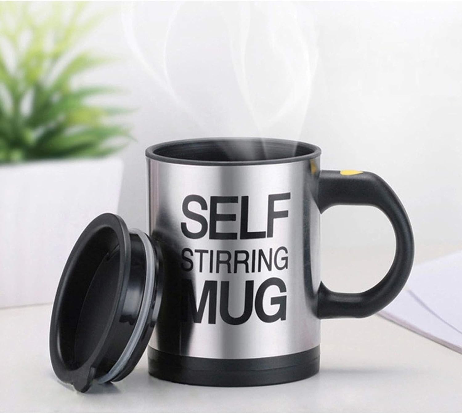 Self Stirring Coffee Mug, Stainless Steel Electric Coffee Mug with Lid 450ml for Coffee Tea Hot Chocolate Milk and Cocoa (Black, Batteries Not Included)