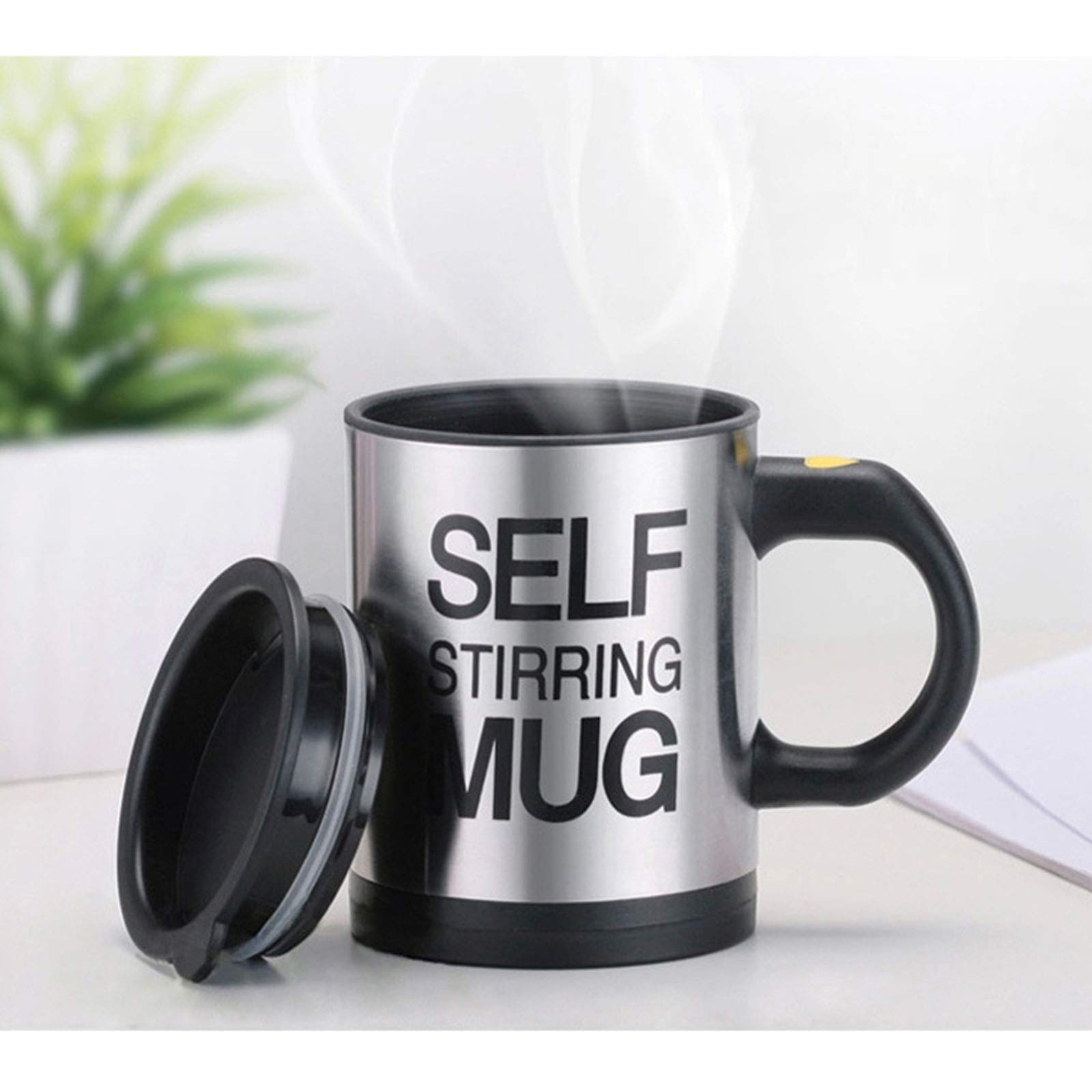 Self Stirring Coffee Mug, Stainless Steel Electric Coffee Mug with Lid 450ml for Coffee Tea Hot Chocolate Milk and Cocoa (Black, Batteries Not Included)