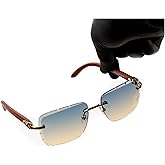 Street Knitted Square Gold Frame Gem Cut Rimless Trendy Cool Blue Tan Gradient Tint Unisex Sun Glasses Men's Retro Hip Hop Gray Brown Woodgrain Rectangle Frameless Diamond Cut Lens Shades Sunglasses