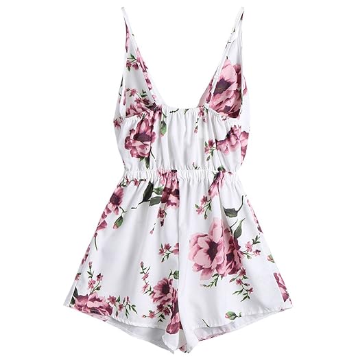 Women Rompers, Sexy Backless Lace Floral Print Jumpsuits Shorts Casual Beach Party Playsuits for Teen Girls