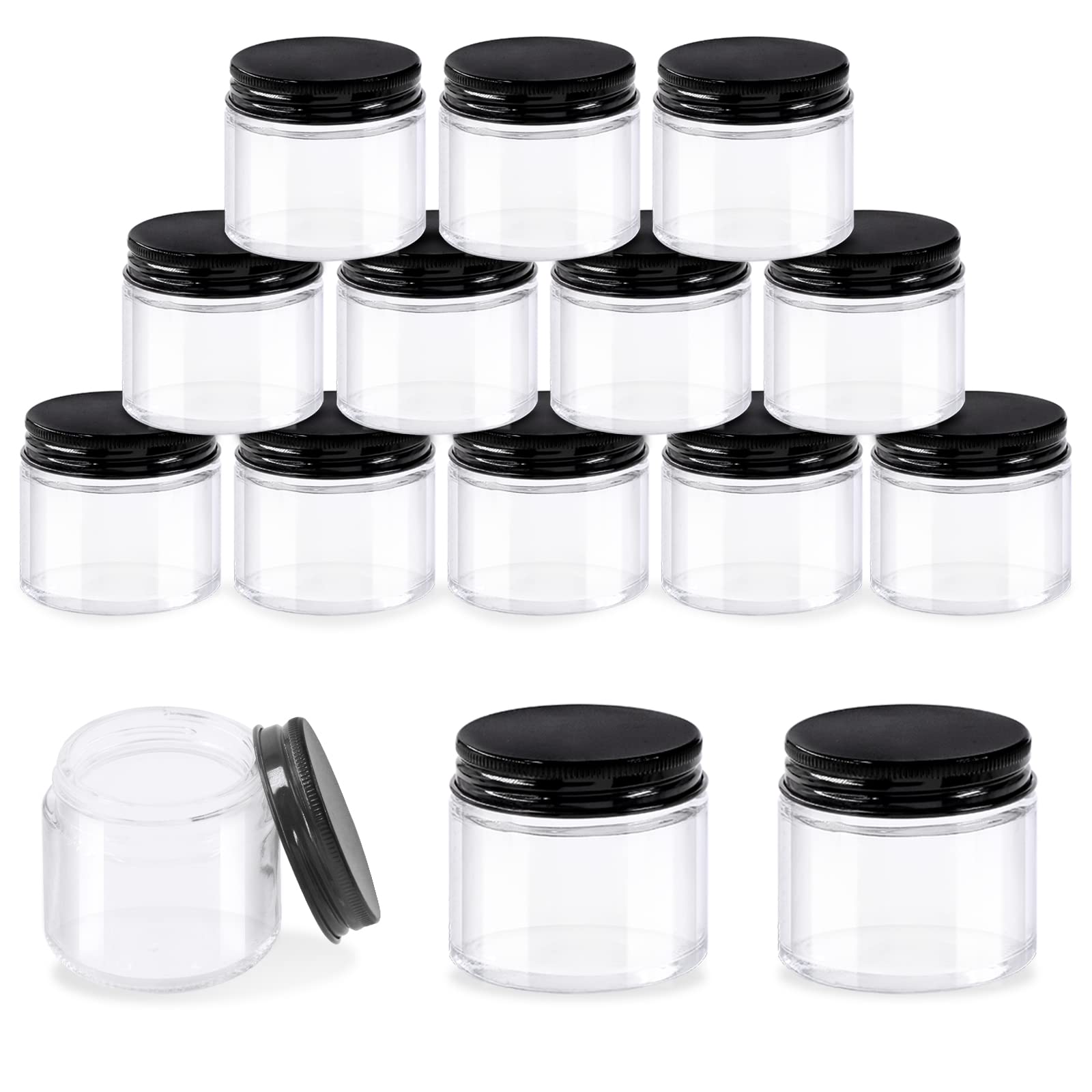 Glarks 15 Pack 2oz Glass Jars with Lids, Round Clear Glass Jars with Inner Liner and Black Lids for Storing Creams, Beauty Products, Cosmetic and Ointments