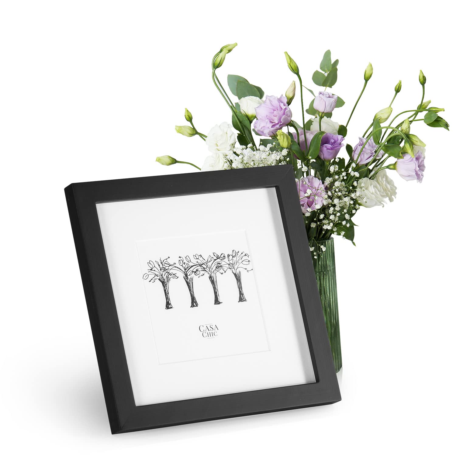 Classic by Casa Chic - Solid Wood Square Photo Frame - 8x8 inch with Mount for 5x5 inch Picture - Tempered Glass Front - Black