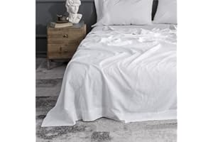 BISELINA Linen Cotton Blended Flat Sheet 1 Piece Only Basic Style Solid Color Soft Breathable Farmhouse Top Sheet - White, Qu