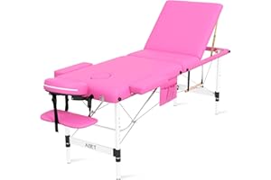 ABET Portable Massage Table, 3 Folding Professional Lash Bed Esthetician Bed, Height Adjustable Tattoo Table Spa Facial Bed with Face Cradle, Detachable Armrest, Aluminum Feet & Carrying Bag, Pink
