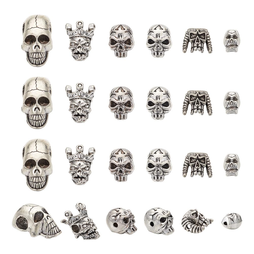 NBEADS 24 Pcs Alloy Skull Beads, 6 Styles Antique Silver Tibetan Style Skeleton Beads Halloween Devil Head Beads Gothic Punk Style Loose Spacer Beads for Jewelry Bracelet Making