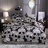 ZHH Skull Bedding Set Black and White Floral Skull Skeleton Microfiber Full Size Duvet Cover Set 3 Piece (Queen)