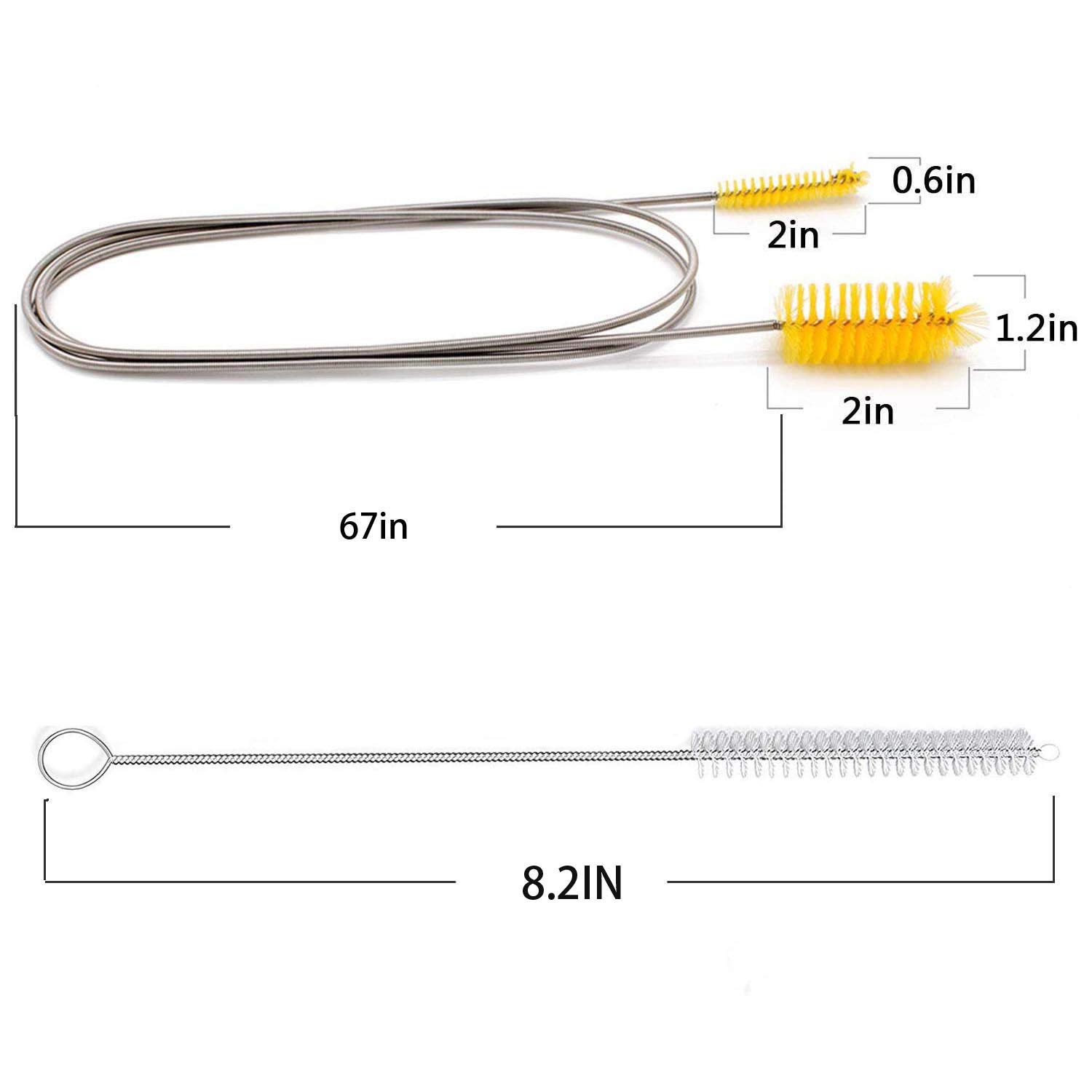 Flexible Drain Brush，Nylon Cleaner Double Ended Elastic Hose Pipe 67-inch and 2 PCS 8.2-inch Straw Cleaning Brush