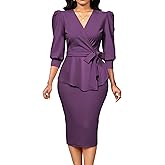 Yiershu Church Dresses for Women 2025 Sexy V-Neck 3/4 Sleeve Peplum Business Dress for Women