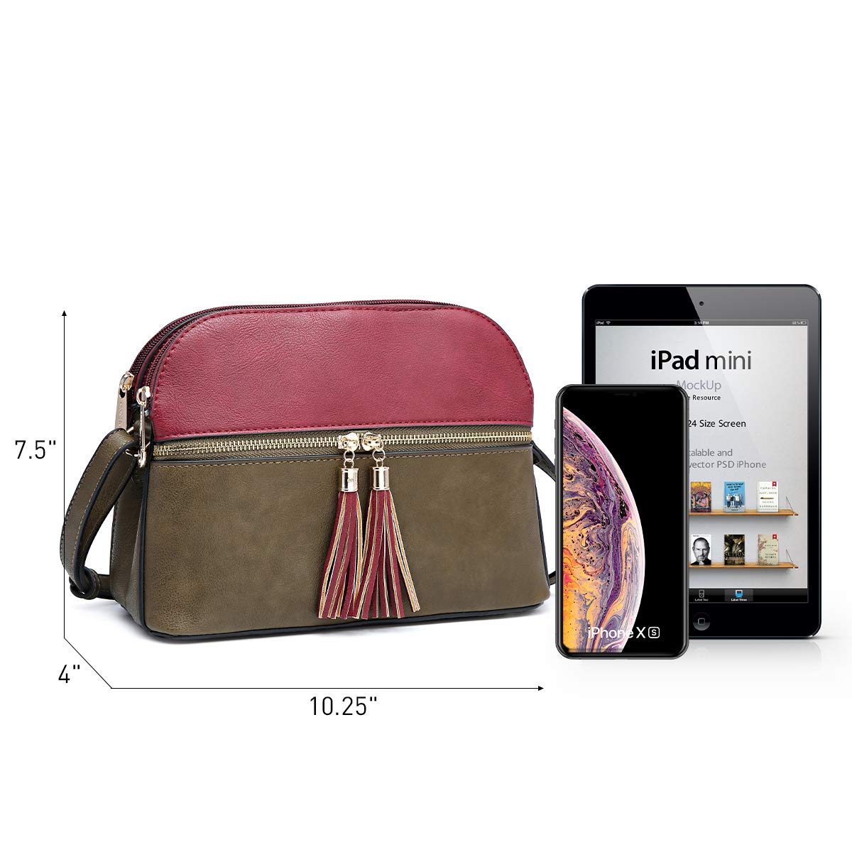 Functional Multi Pockets Lightweight Medium Crossbody Bags Purses for Women Double Zipper Shoulder Messenger Bag with Tassel (Burgundy/Soil)