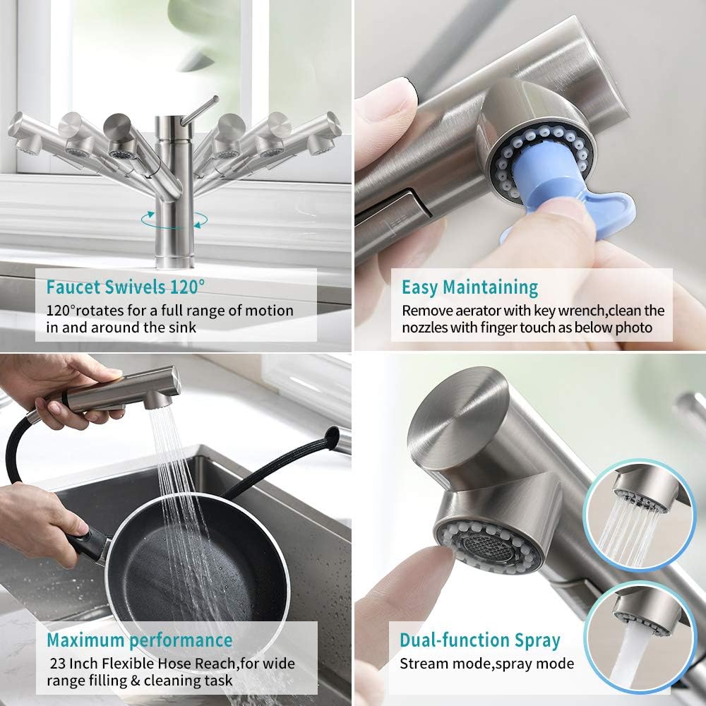 Pull Out Kitchen Sink Faucet in Brush Nickel, cUPC Certified Sink Bar Faucet Single Hole, Prep Sink Faucet with Sprayer in Brushed Nickel - - 