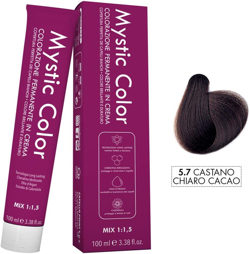 Mystic Color - Permanent Cream Colouring with Argan Oil and Calendula - Long Lasting Hair Dye - Light Cocoa Brown Color 5.7-100ml