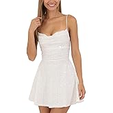 FEORJGP Womens Sparkly Sequin Mini Dress Shiny Spaghetti Strap Short Dress Glitter Disco Slip Dresses Cocktail Party Clubwear