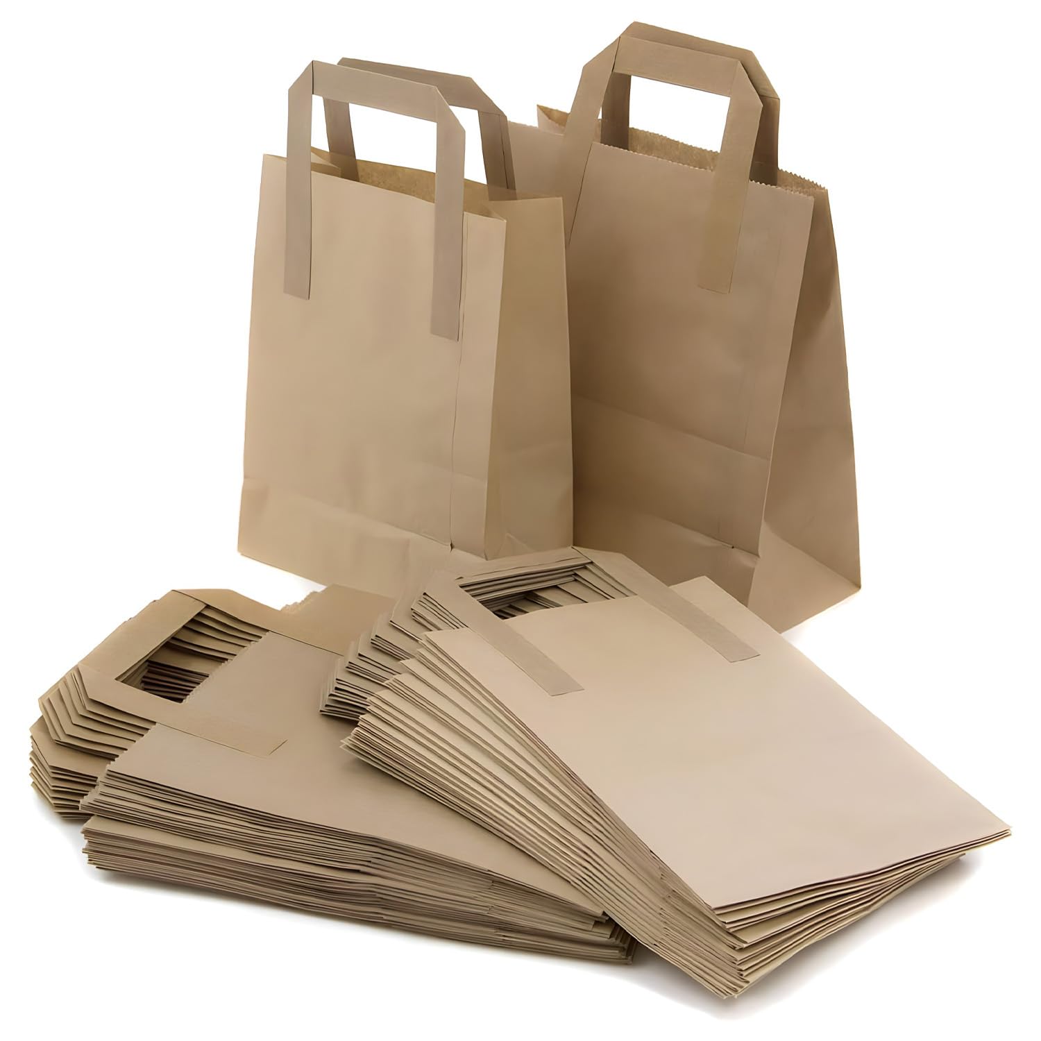 Takeaway Brown Kraft Paper SOS Food Carrier Bags With Handles - Eco-Friendly Party Gift Bar Restaurant Delivery (25, Medium 8.5" x 10" x 4.3")