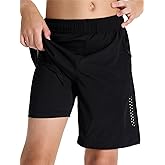 Youth Boys 2 in 1 Athletic Running Shorts with Compression Liner Lightweight Quick Dry Sports Workout Gym Shorts Zip Pockets