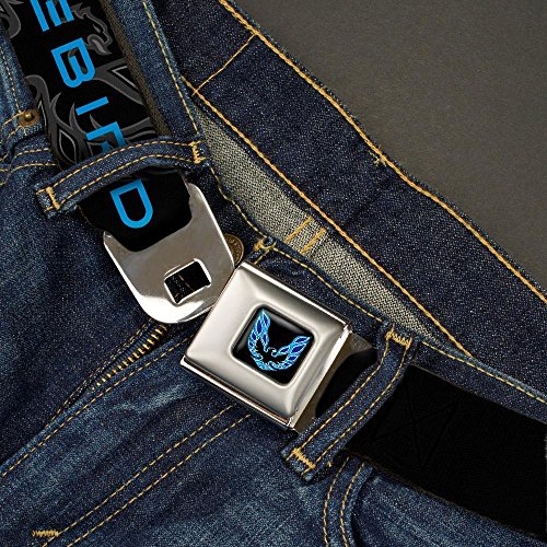 Buckle-Down Seatbelt Belt - Pontiac FIREBIRD/Logo Black/Grays/Blues - 1.5" Wide - 32-52 Inches in Length