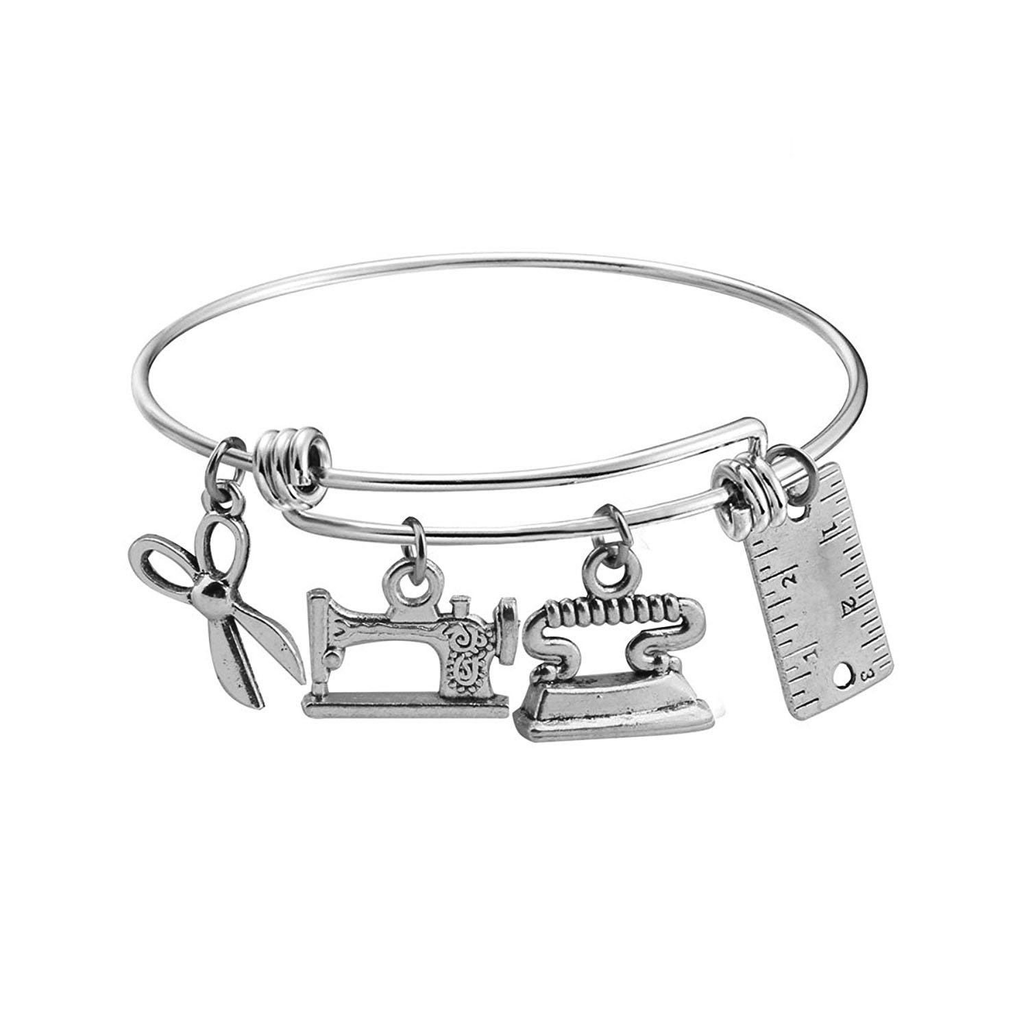 KUIYAI Sewing Charm Bracelet and Scissors Bangle Sewer Gifts for Costume Designer (bracelet silver)
